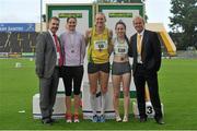 28 July 2013; Professor Ciarán Ó Catháin, President of Athletics Ireland, left, and Peter Dolan, Marketing Manager Woodie's DIY, right, with winner of the Women's Triple Jump event Caoimhe King, centre, AughaGowerr A.C., Co. Mayo, second place Mary Mc Loone, Tír Chonaill A.C., Co. Donegal, left, and third place Saragh Buggy, St. Abbans A.C., Co. Laois, at the Woodie's DIY at the Woodie’s DIY National Senior Track and Field Championships. Morton Stadium, Santry, Co. Dublin. Picture credit: Tomas Greally / SPORTSFILE