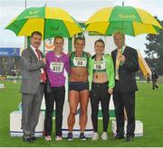 28 July 2013; Professor Ciarán Ó Catháin, President of Athletics Ireland, left, and Peter Dolan, Marketing Manager Woodie's DIY, right, with winner of the Women's 100m event Kelly Proper, centre, Ferrybank A.C., Co. Waterford, second place Ailis McSweeney, Leevale AC, Co. Cork, left, and third place Niamh Whelan, Ferrybank A.C, Co. Waterford, at the Woodie's DIY at the Woodie’s DIY National Senior Track and Field Championships. Morton Stadium, Santry, Co. Dublin. Picture credit: Tomas Greally / SPORTSFILE