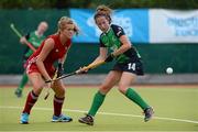 29 July 2013; Sarah Twomey, Ireland, in action against Becca Hughes, Wales. Electric Ireland EuroHockey U18 Girls Championships, Group A, Ireland v Wales, National Hockey Stadium, Belfield, Dublin. Picture credit: David Maher / SPORTSFILE