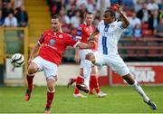 29 July 2013; Dean Kelly, Shelbourne, in action against Rudolph Austin, Leeds United XI. Friendly, Shelbourne v Leeds United XI, Tolka Park, Dublin. Picture credit: David Maher / SPORTSFILE