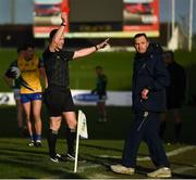 6 February 2022; Referee Jerome Henry shows a red card to Meath manager Andy McEntee during the Allianz Football League Division 2 match between Meath and Roscommon at Páirc Táilteann in Navan, Meath. Photo by Harry Murphy/Sportsfile