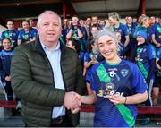 6 February 2022; currentaccount.ie CEO Seamus Newcombe presents the player of the match trophy to Dannielle Lawless of St Sylvester's during the 2021 currentaccount.ie All-Ireland Ladies Intermediate Club Football Championship Final match between Castlebar Mitchels, Mayo and St Sylvester's, Dublin at Duggan Park in Ballinasloe, Galway. Photo by Michael P Ryan/Sportsfile