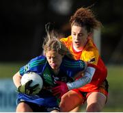 6 February 2022; Grace Twomey of St Sylvester's in action against Kathryn Sullivan of Castlebar Mitchels during the 2021 currentaccount.ie All-Ireland Ladies Intermediate Club Football Championship Final match between Castlebar Mitchels, Mayo and St Sylvester's, Dublin at Duggan Park in Ballinasloe, Galway. Photo by Michael P Ryan/Sportsfile