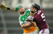 6 February 2022; Eoghan Cahill of Offaly in action against Padraic Mannion of Galway during the Allianz Hurling League Division 1 Group A match between Galway and Offaly at Pearse Stadium in Galway. Photo by Ray Ryan/Sportsfile
