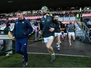 6 February 2022; Ben Conneely of Offaly leads out his team before the Allianz Hurling League Division 1 Group A match between Galway and Offaly at Pearse Stadium in Galway. Photo by Ray Ryan/Sportsfile