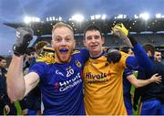 6 February 2022; Steelstown players Rory Maguire, left, and Eoghan Heraghty celebrate after their side's victory in the AIB GAA Football All-Ireland Intermediate Club Championship Final match between Trim, Meath, and Steelstown Brian Óg's, Derry, at Croke Park in Dublin. Photo by Piaras Ó Mídheach/Sportsfile