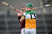 6 February 2022; Padraic Mannion of Galway tussles with Eoghan Cahill of Offaly during the Allianz Hurling League Division 1 Group A match between Galway and Offaly at Pearse Stadium in Galway. Photo by Ray Ryan/Sportsfile