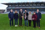 6 February 2022; Uachtarán Chumann Lúthchleas Gael Larry McCarthy, third from left, with representatives of the O'Sullivan family, from left, John Gillespie, Ciara O'Sullivan, Eddie O'Sullivan, Ann O'Sullivan, Anne O'Halloran and Bobby O'Sullivan who sponsored the new AIB GAA Hurling Intermediate Club Football Championship Cup, to the GAA in memory of Kieran O'Sullivan (RIP) on behalf of Oughterard GAA in Galway at half-time of the AIB GAA Football All-Ireland Intermediate Club Championship Final match between Trim, Meath, and Steelstown Brian Óg's, Derry, at Croke Park in Dublin. Photo by Piaras Ó Mídheach/Sportsfile