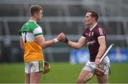 6 February 2022; Conor Whelan of Galway shakes hands with  Killian Sampson of Offaly after the Allianz Hurling League Division 1 Group A match between Galway and Offaly at Pearse Stadium in Galway. Photo by Ray Ryan/Sportsfile