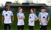 8 February 2022; Shelbourne players, from left, Stanley Anaebonam, Jessie Stapleton, Rachel Graham and Daniel Hawkins during the launch of the club's new Away Kit for 2022, at Tolka Park, Dublin. It features the names of all its Season Ticket holders as a thank you for keeping the Club alive during the Covid-19 pandemic. Printed in subtle writing within the Dublin blue and white kit, a large proportion of Season Ticket holders also chose to put the names of supporters who are no longer with us - a gesture which especially touched the Club demonstrating the history of the Club over our 127 years. Photo by Seb Daly/Sportsfile