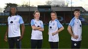 8 February 2022; Shelbourne players, from left, Stanley Anaebonam, Jessie Stapleton, Rachel Graham and Daniel Hawkins during the launch of the club's new Away Kit for 2022, at Tolka Park, Dublin. It features the names of all its Season Ticket holders as a thank you for keeping the Club alive during the Covid-19 pandemic. Printed in subtle writing within the Dublin blue and white kit, a large proportion of Season Ticket holders also chose to put the names of supporters who are no longer with us - a gesture which especially touched the Club demonstrating the history of the Club over our 127 years. Photo by Seb Daly/Sportsfile