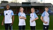 8 February 2022; Shelbourne players, from left, Stanley Anaebonam, Jessie Stapleton, Rachel Graham and Daniel Hawkins during the launch of the club's new Away Kit for 2022, at Tolka Park, Dublin. It features the names of all its Season Ticket holders as a thank you for keeping the Club alive during the Covid-19 pandemic. Printed in subtle writing within the Dublin blue and white kit, a large proportion of Season Ticket holders also chose to put the names of supporters who are no longer with us - a gesture which especially touched the Club demonstrating the history of the Club over our 127 years. Photo by Seb Daly/Sportsfile