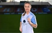 8 February 2022; Shelbourne’s Rachel Graham stands for a portrait during the launch of the club's new Away Kit for 2022, at Tolka Park, Dublin. It features the names of all its Season Ticket holders as a thank you for keeping the Club alive during the Covid-19 pandemic. Printed in subtle writing within the Dublin blue and white kit, a large proportion of Season Ticket holders also chose to put the names of supporters who are no longer with us - a gesture which especially touched the Club demonstrating the history of the Club over our 127 years. Photo by Seb Daly/Sportsfile