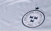 8 February 2022; A detailed view of the Shelbourne crest during the launch of the club's new Away Kit for 2022, at Tolka Park, Dublin. It features the names of all its Season Ticket holders as a thank you for keeping the Club alive during the Covid-19 pandemic. Printed in subtle writing within the Dublin blue and white kit, a large proportion of Season Ticket holders also chose to put the names of supporters who are no longer with us - a gesture which especially touched the Club demonstrating the history of the Club over our 127 years. Photo by Seb Daly/Sportsfile