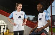 8 February 2022; Shelbourne’s Rachel Graham and Stanley Anaebonam during the launch of the club's new Away Kit for 2022, at Tolka Park, Dublin. It features the names of all its Season Ticket holders as a thank you for keeping the Club alive during the Covid-19 pandemic. Printed in subtle writing within the Dublin blue and white kit, a large proportion of Season Ticket holders also chose to put the names of supporters who are no longer with us - a gesture which especially touched the Club demonstrating the history of the Club over our 127 years. Photo by Seb Daly/Sportsfile