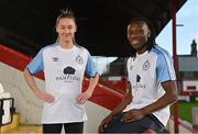 8 February 2022; Shelbourne’s Rachel Graham and Stanley Anaebonam during the launch of the club's new Away Kit for 2022, at Tolka Park, Dublin. It features the names of all its Season Ticket holders as a thank you for keeping the Club alive during the Covid-19 pandemic. Printed in subtle writing within the Dublin blue and white kit, a large proportion of Season Ticket holders also chose to put the names of supporters who are no longer with us - a gesture which especially touched the Club demonstrating the history of the Club over our 127 years. Photo by Seb Daly/Sportsfile