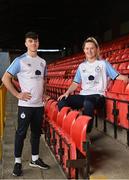 8 February 2022; Shelbourne’s Daniel Hawkins and Jessie Stapleton during the launch of the club's new Away Kit for 2022, at Tolka Park, Dublin. It features the names of all its Season Ticket holders as a thank you for keeping the Club alive during the Covid-19 pandemic. Printed in subtle writing within the Dublin blue and white kit, a large proportion of Season Ticket holders also chose to put the names of supporters who are no longer with us - a gesture which especially touched the Club demonstrating the history of the Club over our 127 years. Photo by Seb Daly/Sportsfile
