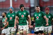 5 February 2022; Members of the Ireland pack, from left, Tadhg Beirne, James Ryan, Peter O’Mahony and Josh van der Flier during the Guinness Six Nations Rugby Championship match between Ireland and Wales at the Aviva Stadium in Dublin. Photo by David Fitzgerald/Sportsfile