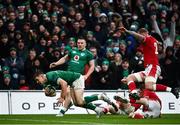 5 February 2022; Garry Ringrose of Ireland scores his side's fourth try during the Guinness Six Nations Rugby Championship match between Ireland and Wales at the Aviva Stadium in Dublin. Photo by David Fitzgerald/Sportsfile