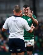 5 February 2022; Peter O’Mahony of Ireland speaks with Referee Jaco Peyper during the Guinness Six Nations Rugby Championship match between Ireland and Wales at the Aviva Stadium in Dublin. Photo by David Fitzgerald/Sportsfile