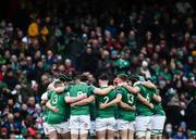 5 February 2022; Ireland players huddle before the Guinness Six Nations Rugby Championship match between Ireland and Wales at the Aviva Stadium in Dublin. Photo by David Fitzgerald/Sportsfile