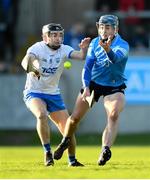 6 February 2022; Rian McBride of Dublin in action against Colin Dunford of Waterford during the Allianz Hurling League Division 1 Group B match between Dublin and Waterford at Parnell Park in Dublin. Photo by Stephen McCarthy/Sportsfile