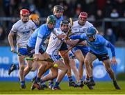 6 February 2022; Dublin players, from left, Chris Crummey, Dónal Burke and Rian McBride in action against Waterford players, from left, Carthach Daly, Patrick Curran and Jack Fagan during the Allianz Hurling League Division 1 Group B match between Dublin and Waterford at Parnell Park in Dublin. Photo by Stephen McCarthy/Sportsfile