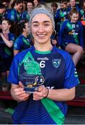 6 February 2022; St Sylvester's captain Dannielle Lawless with her player of the match trophy after her side victory in the 2021 currentaccount.ie All-Ireland Ladies Intermediate Club Football Championship Final match between Castlebar Mitchels, Mayo and St Sylvester's, Dublin at Duggan Park in Ballinasloe, Galway. Photo by Michael P Ryan/Sportsfile