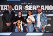 7 February 2022; Katie Taylor and Amanda Serrano with promoter Eddie Hearn, left, and Jake Paul, co-founder of Most Valuable Promotions, during a press conference in London, England announcing her WBA, WBC, IBF, WBO, and The Ring lightweight title bout at Chase Square in Madison Square Garden, New York, USA. Photo by Mark Robinson / Matchroom Boxing via Sportsfile