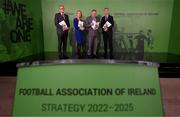 7 February 2022; At the official launch of the FAI Strategy 2022-2025 are, from left, FAI chairman Roy Barrett, FAI independent director Catherine Guy, FAI vice president Paul Cooke and FAI chief executive Jonathan Hill at HBV Studios in Dublin. Photo by Stephen McCarthy/Sportsfile