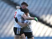 6 February 2022; Kilmeena players Chris McGlynn, left, and Paddy Keane celebrate after their side's victory in the AIB GAA Football All-Ireland Junior Club Championship Final match between Gneeveguilla, Kerry, and Kilmeena, Mayo, at Croke Park in Dublin. Photo by Piaras Ó Mídheach/Sportsfile