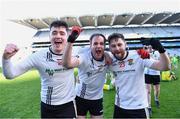 6 February 2022; Kilmeena players, from left, James Groden, Kieran Sheridan, and Paddy Keane celebrate after their side's victory in the AIB GAA Football All-Ireland Junior Club Championship Final match between Gneeveguilla, Kerry, and Kilmeena, Mayo, at Croke Park in Dublin. Photo by Piaras Ó Mídheach/Sportsfile