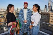 7 February 2022; Katie Taylor, left, with Jake Paul, co-founder of Most Valuable Promotions, centre, and Amanda Serrano after a press conference in London, England announcing her WBA, WBC, IBF, WBO, and The Ring lightweight title bout at Chase Square in Madison Square Garden, New York, USA. Photo by Mark Robinson / Matchroom Boxing via Sportsfile