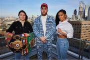 7 February 2022; Katie Taylor, left, with Jake Paul, co-founder of Most Valuable Promotions, centre, and Amanda Serrano after a press conference in London, England announcing her WBA, WBC, IBF, WBO, and The Ring lightweight title bout at Chase Square in Madison Square Garden, New York, USA. Photo by Mark Robinson / Matchroom Boxing via Sportsfile