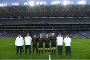5 February 2022; Referee Chris Mooney with his officials before the AIB GAA Hurling All-Ireland Intermediate Club Championship Final match between Kilmoyley, Kerry, and Naas, Kildare, at Croke Park in Dublin. Photo by Piaras Ó Mídheach/Sportsfile
