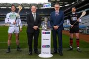 9 February 2022; Hurler Stephen O’Keeffe of Ballygunner, Waterford, pictured alongside Colin Hunt, Chief Executive Officer, AIB, Larry McCarthy, Uachtarán Chumann Lúthchleas Gael, and hurler Colin Fennelly of Ballyhale Shamrocks, ahead of one of #TheToughest showdowns of the year, as Ballygunner and Ballyhale Shamrocks go head-to-head in the AIB GAA Hurling All-Ireland Senior Club Championship Final this Saturday, February 12th at 3pm. The clash is part of a double header at Croke Park on Saturday, with the AIB GAA Football All-Ireland Senior Club Championship final also taking place at 5pm and sees Kilcoo, Down, and Kilmacud Crokes, Dublin, who will do battle for the AIB GAA Football All-Ireland Senior Club Championship crown. Both games will be broadcast live on TG4, while tickets are also available now on https://www.gaa.ie/tickets/. This year’s AIB Club Championships celebrate #TheToughest players in Gaelic Games - those who, despite adversity, don’t quit, who persevere no matter how tough it gets, because Tough Can’t Quit. Photo by Stephen McCarthy/Sportsfile