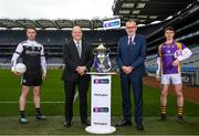 9 February 2022; Footballer Paul Devlin of Kilcoo, Down, pictured alongside Colin Hunt, Chief Executive Officer, AIB, Larry McCarthy, Uachtarán Chumann Lúthchleas Gael, and footballer Dara Mullin of Kilmacud Crokes, Dublin, ahead of one of #TheToughest showdowns of the year, as Kilcoo and Kilmacud Crokes go head-to-head in the AIB GAA Football All-Ireland Senior Club Championship Final this Saturday, February 12th at 5pm. The clash is part of a double header at Croke Park on Saturday, with the AIB GAA Hurling All-Ireland Senior Club Championship final also taking place at the earlier time of 3pm and will see Ballygunner, Waterford, and Ballyhale Shamrocks, Kilkenny, do battle for the AIB GAA Hurling All-Ireland Senior Club Championship crown. Both games will be broadcast live on TG4, while tickets are also available now on https://www.gaa.ie/tickets/. This year’s AIB Club Championships celebrate #TheToughest players in Gaelic Games - those who, despite adversity, don’t quit, who persevere no matter how tough it gets, because Tough Can’t Quit. Photo by Stephen McCarthy/Sportsfile