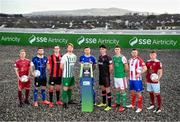 9 February 2022; SSE Airtricity League First Division players, from left, Conor McCormack of Galway United, Derek Daly of Athlone Town, Sam Verdon of Longford Town, Hugh Douglas of Bray Wanderers, Eddie Nolan of Waterford, Joe Manley of Wexford FC, Cian Coleman of Cork City, Jack Brady of Treaty United and Beineon Whitmarsh O’Brien of Cobh Ramblers at the launch of the SSE Airtricity Premier & First Division and Women's National League 2022 season held at at HBV Studios in Clarehall, Dublin. Photo by Stephen McCarthy/Sportsfile