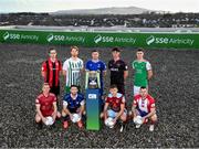 9 February 2022; SSE Airtricity League First Division players, front row, from left, Conor McCormack of Galway United, Derek Daly of Athlone Town, Beineon Whitmarsh O’Brien of Cobh Ramblers and Jack Brady of Treaty United, with, back row, Sam Verdon of Longford Town, Hugh Douglas of Bray Wanderers, Eddie Nolan of Waterford, Joe Manley of Wexford FC and Cian Coleman of Cork City at the launch of the SSE Airtricity Premier & First Division and Women's National League 2022 season held at at HBV Studios in Clarehall, Dublin. Photo by Stephen McCarthy/Sportsfile