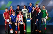 9 February 2022; David Manning, Director of Customer Marketing, SSE Airtricity, and Mark Scanlon, League of Ireland director, right, with SSE Airtricity League First Division players, from left, Conor McCormack of Galway United, Sam Verdon of Longford Town, Derek Daly of Athlone Town, Joe Manley of Wexford FC, Jack Brady of Treaty United, Hugh Douglas of Bray Wanderers, Eddie Nolan of Waterford, Beineon Whitmarsh O’Brien of Cobh Ramblers and Cian Coleman of Cork City at the launch of the SSE Airtricity Premier & First Division and Women's National League 2022 season held at at HBV Studios in Clarehall, Dublin. Photo by Stephen McCarthy/Sportsfile