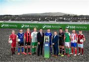 9 February 2022; David Manning, Director of Customer Marketing, SSE Airtricity, left, and Mark Scanlon, League of Ireland director, with SSE Airtricity League First Division players, from left, Conor McCormack of Galway United, Derek Daly of Athlone Town, Sam Verdon of Longford Town, Hugh Douglas of Bray Wanderers, Eddie Nolan of Waterford, Joe Manley of Wexford FC, Cian Coleman of Cork City, Jack Brady of Treaty United and Beineon Whitmarsh O’Brien of Cobh Ramblers at the launch of the SSE Airtricity Premier & First Division and Women's National League 2022 season held at at HBV Studios in Clarehall, Dublin. Photo by Stephen McCarthy/Sportsfile