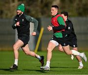 9 February 2022; James Hume, right, and Robbie Henshaw  during the Ireland rugby squad training at Carton House in Maynooth, Kildare. Photo by Brendan Moran/Sportsfile