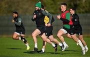 9 February 2022; Robbie Henshaw, centre, with Bundee Aki, left, and James Hume during the Ireland rugby squad training at Carton House in Maynooth, Kildare. Photo by Brendan Moran/Sportsfile