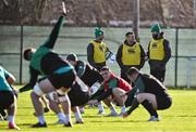 9 February 2022; Head coach Andy Farrell, right with national scrum coach John Fogarty and assistant coach Mike Catt, left, during the Ireland rugby squad training at Carton House in Maynooth, Kildare. Photo by Brendan Moran/Sportsfile