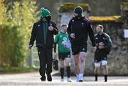 9 February 2022; High performance analyst Vinny Hammond, left, and Mack Hansen arrive for Ireland rugby squad training at Carton House in Maynooth, Kildare. Photo by Brendan Moran/Sportsfile