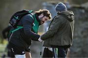 9 February 2022; Tom O’Toole signs an autograph for a supporter upon arrival at Ireland rugby squad training at Carton House in Maynooth, Kildare. Photo by Brendan Moran/Sportsfile