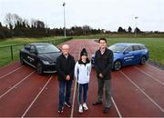 9 February 2022; Irish Olympic athlete Fionnuala McCormack with KIA Head of Marketing & PR Aidan Doyle, left, and Managing Director of Pop Up races Brian Conroy during the 2022 Kia Race Series launch at Leixlip AC in Leixlip, Kildare. This year’s series sees the introduction of an exciting new team competition with a guaranteed prize pot of €15,000 added to a prize fund of €5,000 for the individual competition and €7,000 available for new course record bonuses this year’s Series prize pot totals €27,000. The Kia Race Series will start in March with the Streets of Portlaoise 5k. The Dunshaughlin 10k a firm favourite with runners is taking place in June. There is the introduction of a new race the Cork City 10 Mile in August, the first of the series to take place in Munster. To view more information about the prize structure, or to enter on-line go to https://www.popupraces.ie/kia-race-series-2022/. Photo by David Fitzgerald/Sportsfile