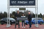 9 February 2022; Irish Olympic athlete Fionnuala McCormack with KIA Head of Marketing & PR Aidan Doyle, right, and Managing Director of Pop Up races Brian Conroy during the 2022 Kia Race Series launch at Leixlip AC in Leixlip, Kildare. This year’s series sees the introduction of an exciting new team competition with a guaranteed prize pot of €15,000 added to a prize fund of €5,000 for the individual competition and €7,000 available for new course record bonuses this year’s Series prize pot totals €27,000. The Kia Race Series will start in March with the Streets of Portlaoise 5k. The Dunshaughlin 10k a firm favourite with runners is taking place in June. There is the introduction of a new race the Cork City 10 Mile in August, the first of the series to take place in Munster. To view more information about the prize structure, or to enter on-line go to https://www.popupraces.ie/kia-race-series-2022/. Photo by David Fitzgerald/Sportsfile