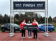 9 February 2022; Irish Olympic athlete Fionnuala McCormack with members of Edenderry AC Melissa Murphy, left, and Jojo Nolan during the 2022 Kia Race Series launch at Leixlip AC in Leixlip, Kildare. This year’s series sees the introduction of an exciting new team competition with a guaranteed prize pot of €15,000 added to a prize fund of €5,000 for the individual competition and €7,000 available for new course record bonuses this year’s Series prize pot totals €27,000. The Kia Race Series will start in March with the Streets of Portlaoise 5k. The Dunshaughlin 10k a firm favourite with runners is taking place in June. There is the introduction of a new race the Cork City 10 Mile in August, the first of the series to take place in Munster. To view more information about the prize structure, or to enter on-line go to https://www.popupraces.ie/kia-race-series-2022/. Photo by David Fitzgerald/Sportsfile