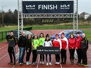 9 February 2022; Irish Olympic athlete Fionnuala McCormack, centre, with runners, from left, James Ledingham, Pearse Fahy, Teresa Ennis, Maggie Higgins, Sarah Clarke, Melissa Murphy, Jojo Nolan, Ursula O'Malley, Lucy Dunne and John Maye during the 2022 Kia Race Series launch at Leixlip AC in Leixlip, Kildare. This year’s series sees the introduction of an exciting new team competition with a guaranteed prize pot of €15,000 added to a prize fund of €5,000 for the individual competition and €7,000 available for new course record bonuses this year’s Series prize pot totals €27,000. The Kia Race Series will start in March with the Streets of Portlaoise 5k. The Dunshaughlin 10k a firm favourite with runners is taking place in June. There is the introduction of a new race the Cork City 10 Mile in August, the first of the series to take place in Munster. To view more information about the prize structure, or to enter on-line go to https://www.popupraces.ie/kia-race-series-2022/. Photo by David Fitzgerald/Sportsfile